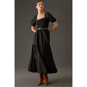 NEW By Anthropologie Black Tiered Puff-Sleeve Textured Ruffle Maxi Dress Small